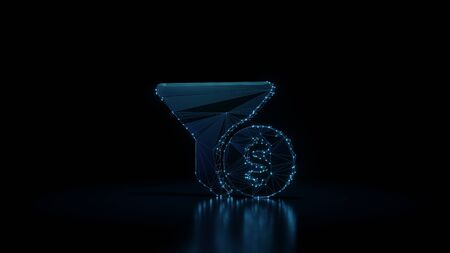3d rendering wireframe digital techno neon glowing symbol of funnel and dollar coin with shining dots on black background with blured reflection on floorの写真素材