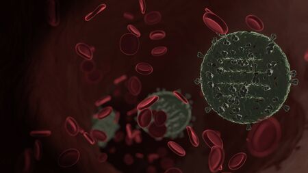 microscopic 3D rendering view of virus shaped as symbol of three thin lines in circle menu inside vein with red blood cellsの写真素材