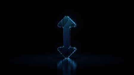 3d rendering wireframe digital techno neon glowing symbol of double side vertical arrow with shining dots on black background with blured reflection on floorの写真素材