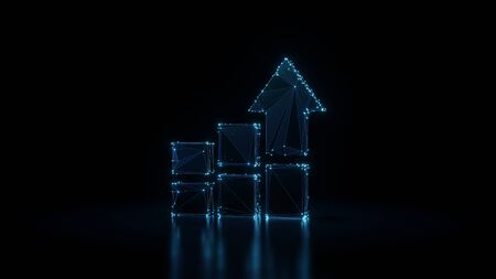 3d rendering wireframe digital techno neon glowing symbol of bar chart with three columns and arrow...