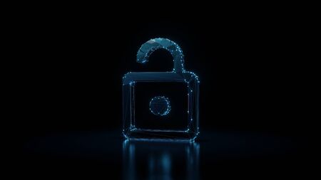 3d rendering wireframe digital techno neon glowing symbol of open padlock with shining dots on black background with blured reflection on floorの写真素材