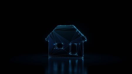 3d rendering wireframe digital techno neon glowing symbol of house with window and door with shining dots on black background with blured reflection on floorの写真素材