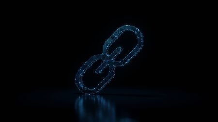 3d rendering wireframe digital techno neon glowing symbol of three thin chain links with shining dots on black background with blured reflection on floorの写真素材