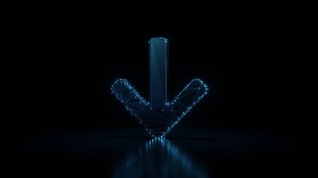 3d rendering wireframe digital techno neon glowing symbol of arrow down with shining dots on black background with blured reflection on floorの写真素材