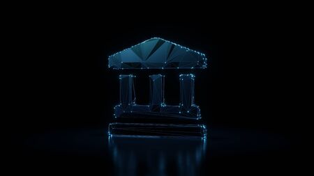 3d rendering wireframe digital techno neon glowing symbol of ancient Greek temple with shining dots on black background with blured reflection on floorの写真素材