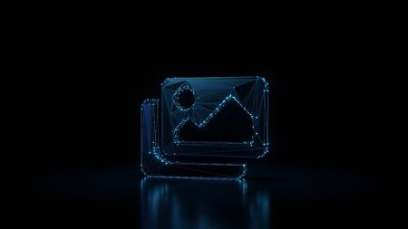 3d rendering wireframe digital techno neon glowing symbol of two pictures with landscape with...
