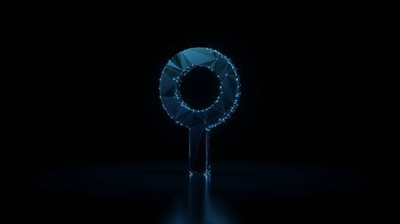 3d rendering wireframe digital techno neon glowing symbol of handheld metal detector with shining dots on black background with blured reflection on floorの写真素材