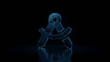 3d rendering wireframe digital techno neon glowing symbol of drafting compass with hole in hinge with shining dots on black background with blured reflection on floorの写真素材