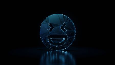 3d rendering wireframe digital techno neon glowing symbol of laughing emoticon  with shining dots on black background with blured reflection on floorの写真素材