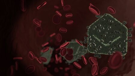 microscopic 3D rendering view of virus shaped as symbol of post envelope open inside vein with red blood cellsの写真素材