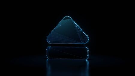 3d rendering wireframe digital techno neon glowing symbol of eject symbol   with shining dots on black background with blured reflection on floorの写真素材