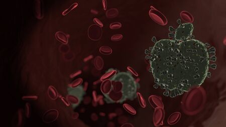 microscopic 3D rendering view of virus shaped as symbol of fruit apple inside vein with red blood cellsの写真素材