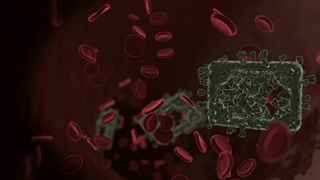 microscopic 3D rendering view of virus shaped as symbol of euro banknote inside vein with red blood cellsの写真素材