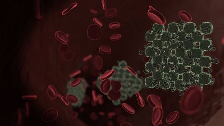 microscopic 3D rendering view of virus shaped as symbol of chess board inside vein with red blood...
