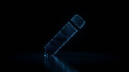 3d rendering wireframe digital techno neon glowing symbol of pencil with eraser on top with shining dots on black background with blured reflection on floorの写真素材