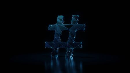 3d rendering wireframe digital techno neon glowing symbol of hashtag symbol with shining dots on black background with blured reflection on floorの写真素材