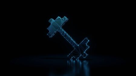 3d rendering wireframe digital techno neon glowing symbol of heavy fitness dumbbell with shining...