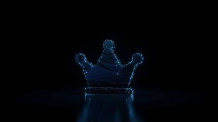 3d rendering wireframe digital techno neon glowing symbol of crown with three tips with shining dots on black background with blured reflection on floorの写真素材