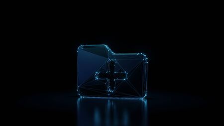 3d rendering wireframe digital techno neon glowing symbol of office folder with plus symbol with shining dots on black background with blured reflection on floorの写真素材