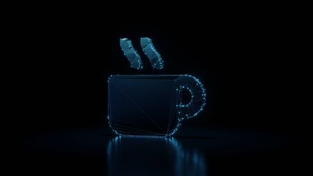 3d rendering wireframe digital techno neon glowing symbol of mug with hot drink with shining dots on...