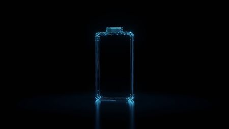 3d rendering wireframe digital techno neon glowing vertical symbol of empty battery  with shining dots on black background with blured reflection on floorの写真素材