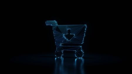 3d rendering wireframe digital techno neon glowing symbol of cart arrow down with shining dots on black background with blured reflection on floorの写真素材