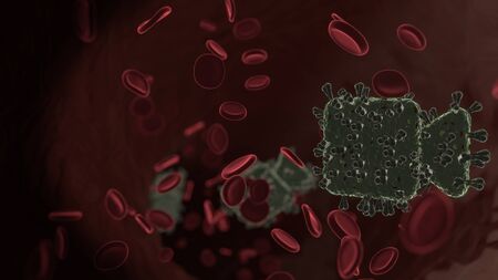 microscopic 3D rendering view of virus shaped as symbol of camera   inside vein with red blood cellsの写真素材