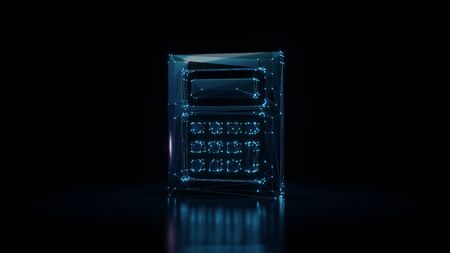 3d rendering wireframe digital techno neon glowing symbol of calculator with square  buttons with shining dots on black background with blured reflection on floorの写真素材