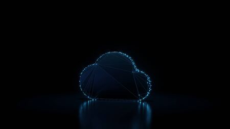 3d rendering wireframe digital techno neon glowing symbol of filled cloud with shining dots on black...