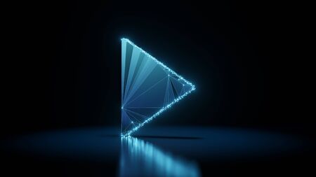 3d rendering wireframe digital techno neon glowing symbol of triangle play button with shining dots on black background with blured reflection on floorの写真素材