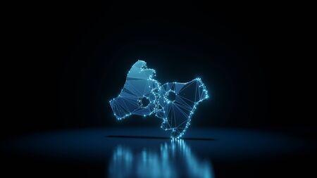 3d rendering wireframe digital techno neon glowing symbol of American sign language interpreting with shining dots on black background with blured reflection on floorの写真素材