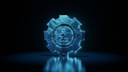 3d rendering wireframe digital techno neon glowing symbol of gear with information symbol inside with shining dots on black background with blured reflection on floorの写真素材
