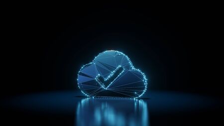 3d rendering wireframe digital techno neon glowing symbol of check mark in cloud with shining dots on black background with blured reflection on floorの写真素材