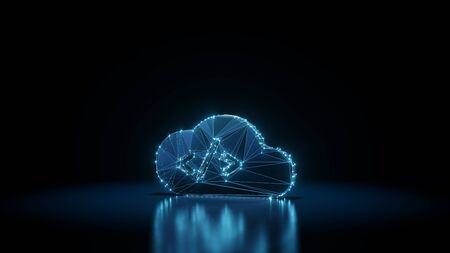 3d rendering wireframe digital techno neon glowing symbol of cloud computing with tag with shining dots on black background with blured reflection on floorの写真素材
