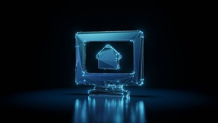 3d rendering wireframe digital techno neon glowing symbol of monitor with house on screen with shining dots on black background with blured reflection on floorの写真素材