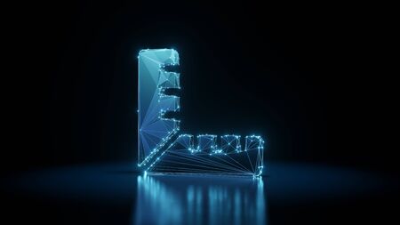 3d rendering wireframe digital techno neon glowing symbol of ruler in right angle shape with shining dots on black background with blured reflection on floorの写真素材