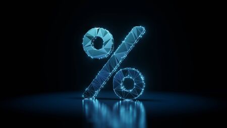 3d rendering wireframe digital techno neon glowing symbol of percentage symbol   with shining dots on black background with blured reflection on floorの写真素材