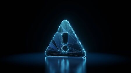 3d rendering wireframe digital techno neon glowing symbol of exclamation symbol in triangle with shining dots on black background with blured reflection on floorの写真素材