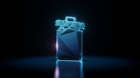 3d rendering wireframe digital techno neon glowing symbol of bin with garbage and lid with shining...