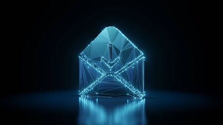 3d rendering wireframe digital techno neon glowing symbol of paper open envelope with down arrow...
