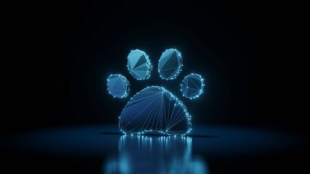 3d rendering wireframe digital techno neon glowing symbol of animal paw with shining dots on black...