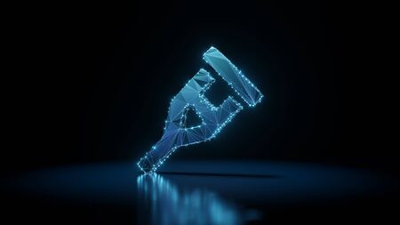 3d rendering wireframe digital techno neon glowing symbol of hospital crutch with shining dots on black background with blured reflection on floorの写真素材
