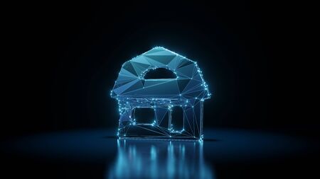 3d rendering wireframe digital techno neon glowing symbol of house with semicircle window with...