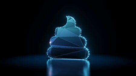 3d rendering wireframe digital techno neon glowing symbol of poo with shining dots on black...