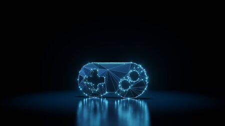 3d rendering wireframe digital techno neon glowing symbol of videogame controller with shining dots...
