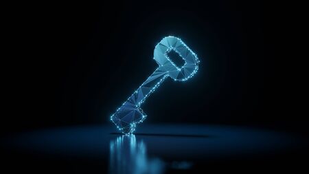 3d rendering wireframe digital techno neon glowing symbol of key with shining dots on black...