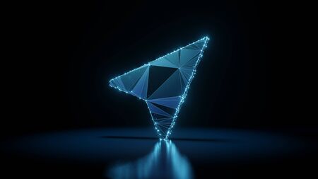 3d rendering wireframe digital techno neon glowing symbol of navigation arrow right with shining dots on black background with blured reflection on floorの写真素材