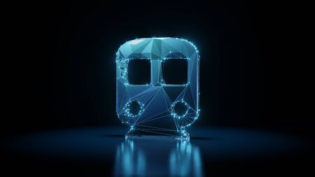 3d rendering wireframe digital techno neon glowing symbol of tram from front view with shining dots...