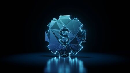 3d rendering wireframe digital techno neon glowing symbol of gear with dollar symbol with shining...