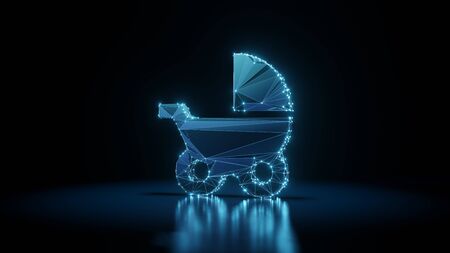 3d rendering wireframe digital techno neon glowing symbol of baby stroller towards right with shining dots on black background with blured reflection on floorの写真素材